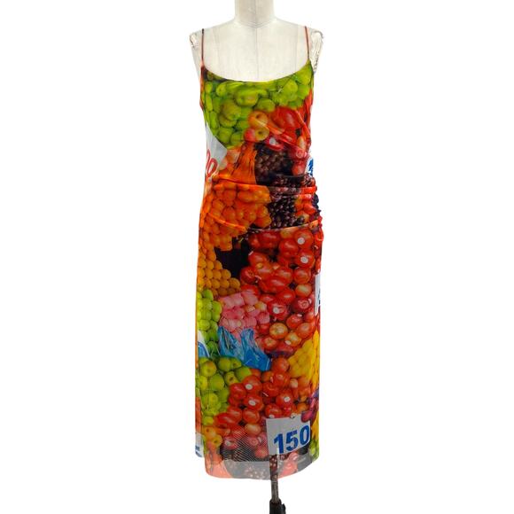 Zara Fruit Stand Strappy Maxi Dress Ruched Mesh Sleeveless Colorful Size Large - Picture 2 of 16